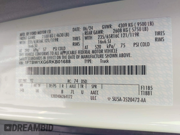 2024 Ford Transit с VIN 1FTBW1XG6RKB01688, выставлен на аукционе IAAI как лот 42344708 с пробегом 3 657 миль миль и . История ставок и продаж доступна на DreamBid. Изображение 8.