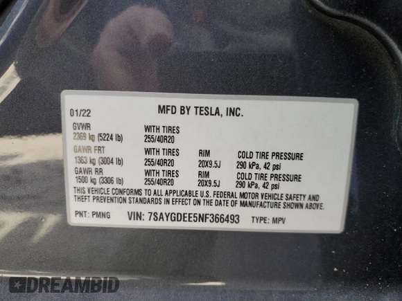 2022 Tesla Model Y Long Range with VIN 7SAYGDEE5NF366493, listed as a Copart auction lot 49874975 with 66,925 mi miles and Salvage Title. Bid and sale history available at DreamBid. Image 14.