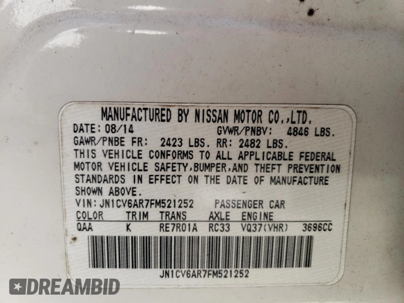2015 Infiniti Q40 with VIN JN1CV6AR7FM521252, listed as a Copart auction lot 79917614 with 141,761 mi miles and Salvage Title. Bid and sale history available at DreamBid. Image 13.