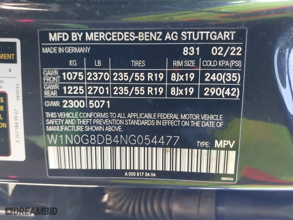 2022 Mercedes-Benz GLC with VIN W1N0G8DB4NG054477, listed as a IAAI auction lot 41756396 with 35,448 mi miles. Bid and sale history available at carsss.com. Image 9.