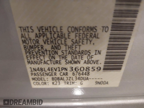2023 Nissan Altima SL with VIN 1N4BL4EV1PN360859, listed as a IAAI auction lot 41320788 with 40,383 mi miles and . Bid and sale history available at DreamBid. Image 9.