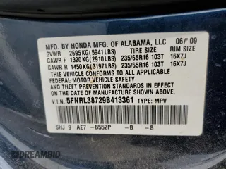 2009 Honda Odyssey EX-L with VIN 5FNRL38729B413361, listed as a Copart auction lot 62954844 with 166,242 mi miles and Salvage Title. Bid and sale history available at carsss.com. Image 14.