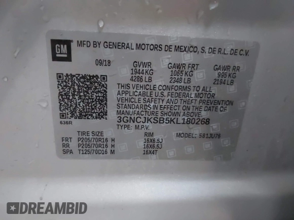 2019 Chevrolet Trax LS with VIN 3GNCJKSB5KL180268, listed as a IAAI auction lot 41506873 with 63,993 mi miles. Bid and sale history available at carsss.com. Image 9.