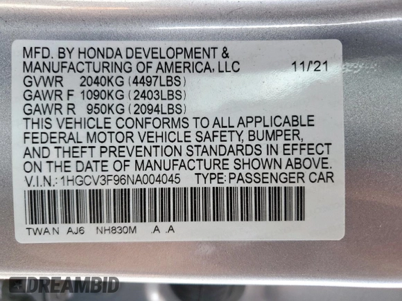 2022 Honda Accord Touring с VIN 1HGCV3F96NA004045, выставлен на аукционе Copart как лот 57128385 с пробегом Не указан миль и Списание • Salvage title. История ставок и продаж доступна на DreamBid. Изображение 12.
