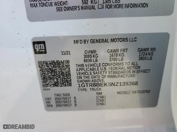 2022 GMC Sierra 1500 SLE with VIN 1GTR8BEK5NZ135368, listed as a Copart auction lot 41597285 with 113,322 mi miles and Salvage Title. Bid and sale history available at carsss.com. Image 12.