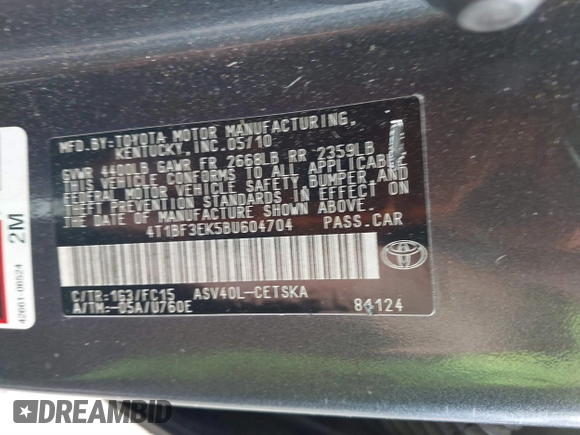 2011 Toyota Camry LE z VIN 4T1BF3EK5BU604704, wystawiony jako IAAI lot #39739905 z przebiegiem 184 706 mil mil oraz . Historia ofert i sprzedaży dostępna na DreamBid. Obrazek 9.