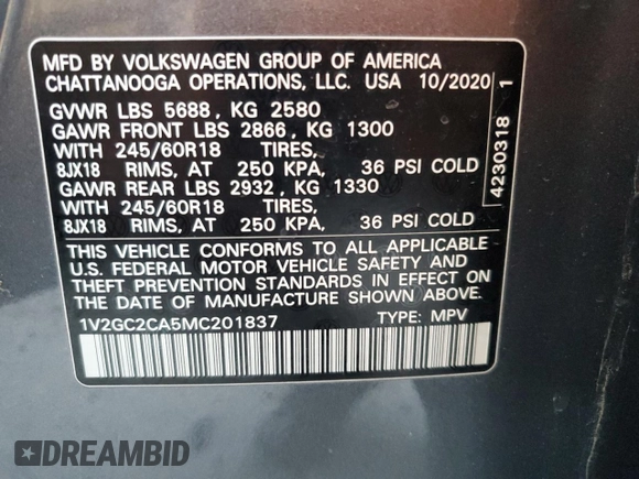 2021 Volkswagen Atlas S с VIN 1V2GC2CA5MC201837, выставлен на аукционе Copart как лот 43451795 с пробегом 48 188 миль миль и Списание • Salvage title. История ставок и продаж доступна на DreamBid. Изображение 15.