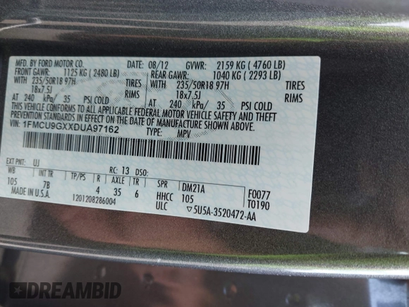 2013 Ford Escape SE with VIN 1FMCU9GXXDUA97162, listed as a IAAI auction lot 42633382 with 74,375 mi miles and . Bid and sale history available at DreamBid. Image 9.