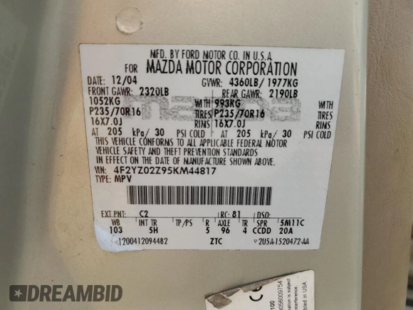 2005 Mazda Tribute i with VIN 4F2YZ02Z95KM44817, listed as a Copart auction lot 85033344 with 258,976 mi miles and Salvage Title. Bid and sale history available at carsss.com. Image 15.