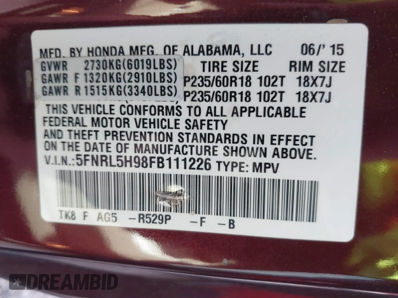 2015 Honda Odyssey Touring Elite with VIN 5FNRL5H98FB111226, listed as a IAAI auction lot 42136888 with 60,266 mi miles and . Bid and sale history available at DreamBid. Image 9.
