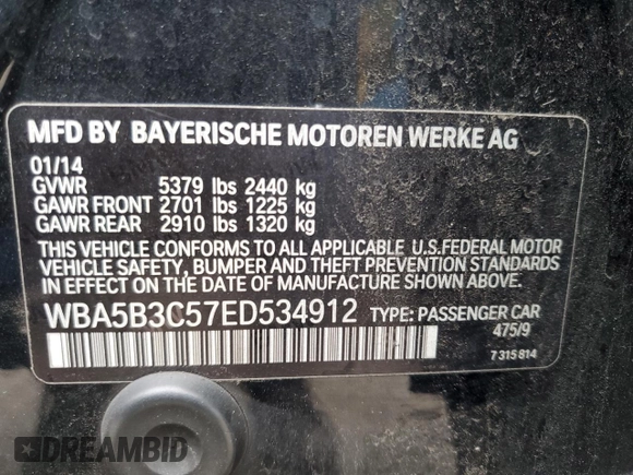 2014 BMW 5 Series 535i xDrive with VIN WBA5B3C57ED534912, listed as a Copart auction lot 80182374 with 134,604 mi miles and Non Repairable. Bid and sale history available at carsss.com. Image 13.