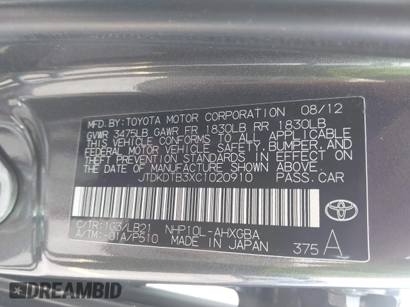 2012 Toyota Prius One z VIN JTDKDTB3XC1020910, wystawiony jako IAAI lot #42416977 z przebiegiem 238 822 mil mil oraz . Historia ofert i sprzedaży dostępna na DreamBid. Obrazek 9.
