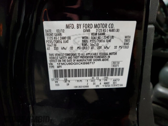 2012 Ford Escape XLT с VIN 1FMCU9DGXCKB98717, выставлен на аукционе Copart как лот 53373905 с пробегом 152 736 миль миль и Чистый • Clean title. История ставок и продаж доступна на DreamBid. Изображение 13.