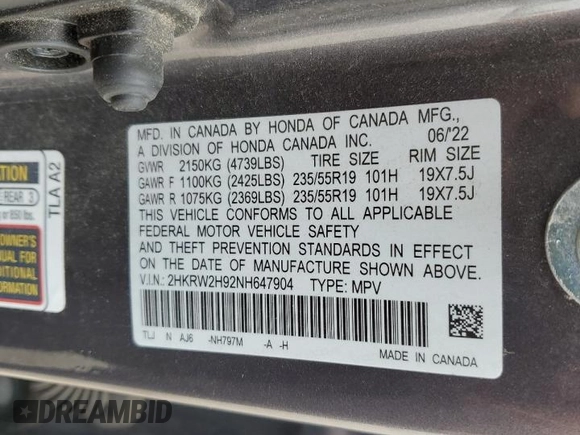 2022 Honda CR-V Touring with VIN 2HKRW2H92NH647904, listed as a Copart auction lot 55584905 with 89,911 mi miles and Salvage title. Bid and sale history available at DreamBid. Image 13.