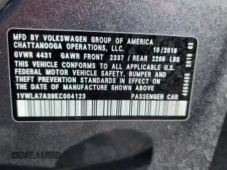 2019 Volkswagen Passat 2.0T Wolfsburg Edition with VIN 1VWLA7A39KC004123, listed as a Copart auction lot 43695855 with 63,337 mi miles and Salvage Title. Bid and sale history available at carsss.com. Image 12.