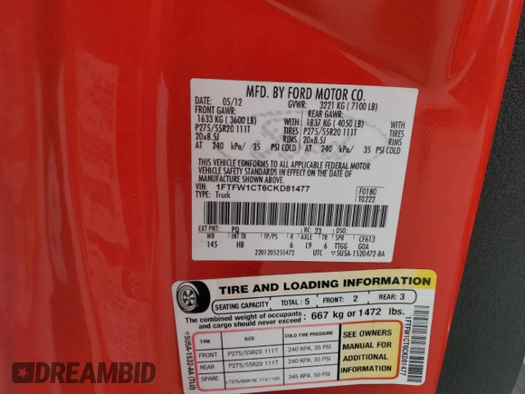 2012 Ford F-150 XL with VIN 1FTFW1CT6CKD81477, listed as a Copart auction lot 51643265 with 205,450 mi miles and Clean Title. Bid and sale history available at carsss.com. Image 12.