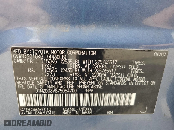 2007 Toyota RAV4 with VIN JTMZD33V875054700, listed as a Copart auction lot 52254525 with 144,337 mi miles and Salvage Title. Bid and sale history available at carsss.com. Image 13.