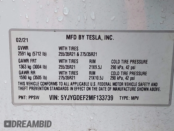 2021 Tesla Model Y Performance z VIN 5YJYGDEF2MF133739, wystawiony jako IAAI lot #41226429 z przebiegiem 58 502 mil mil oraz . Historia ofert i sprzedaży dostępna na DreamBid. Obrazek 9.