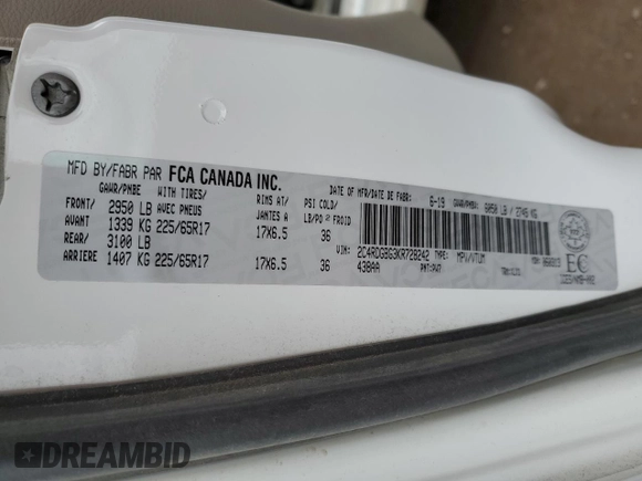 2019 Dodge Grand Caravan SE with VIN 2C4RDGBG3KR728242, listed as a Copart auction lot 49245185 with 189,653 mi miles and Salvage Title. Bid and sale history available at DreamBid. Image 13.