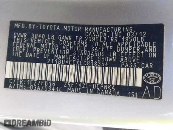 2012 Toyota Corolla L with VIN 2T1BU4EEXCC818354, listed as a IAAI auction lot 42129695 with 216,307 mi miles. Bid and sale history available at carsss.com. Image 9.