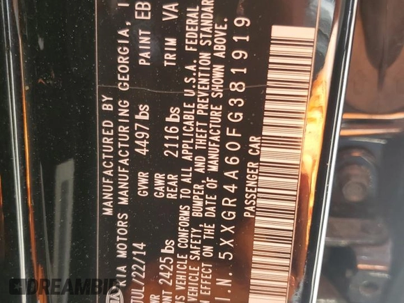 2015 Kia Optima SX Turbo with VIN 5XXGR4A60FG381919, listed as a Copart auction lot 57703285 with Not provided miles and Salvage title. Bid and sale history available at DreamBid. Image 12.