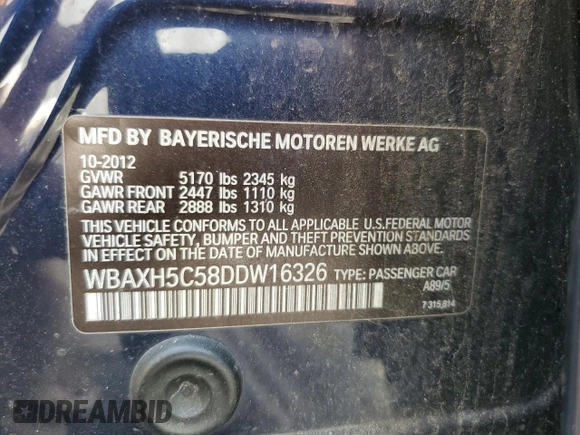 2013 BMW 5 Series 528i xDrive with VIN WBAXH5C58DDW16326, listed as a Copart auction lot 61610565 with Not provided miles and Clean title. Bid and sale history available at DreamBid. Image 12.