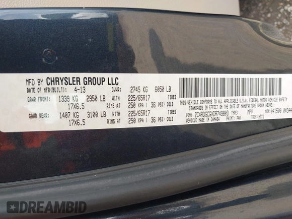2013 Dodge Grand Caravan SXT with VIN 2C4RDGCGXDR749803, listed as a IAAI auction lot 42118722 with 264,454 mi miles and . Bid and sale history available at DreamBid. Image 9.