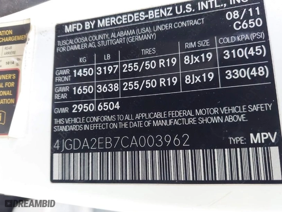 2012 Mercedes-Benz M-Class ML 350 BlueTEC with VIN 4JGDA2EB7CA003962, listed as a IAAI auction lot 41664791 with 1 mi miles. Bid and sale history available at carsss.com. Image 9.