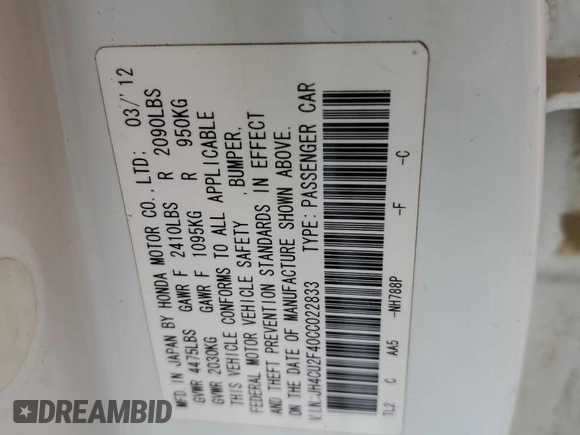 2012 Acura TSX with VIN JH4CU2F40CC022833, listed as a Copart auction lot 51162325 with 117,916 mi miles and Salvage Title. Bid and sale history available at carsss.com. Image 12.