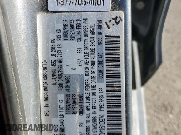2021 Mazda 6 Carbon Edition with VIN JM1GL1WY0M1610974, listed as a Copart auction lot 84961604 with 55,107 mi miles and Salvage Title. Bid and sale history available at DreamBid. Image 12.
