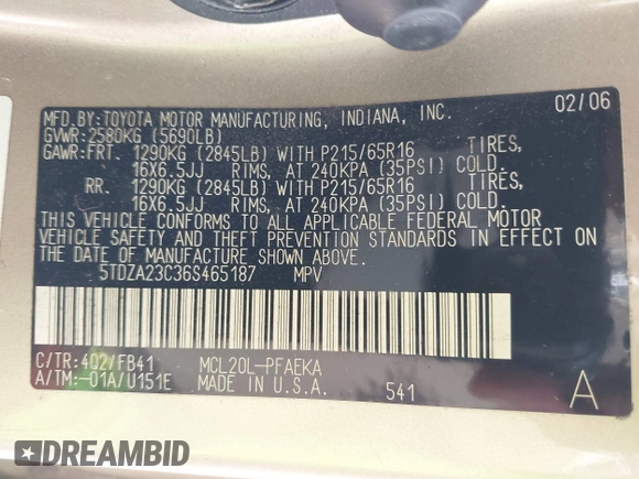 2006 Toyota Sienna CE с VIN 5TDZA23C36S465187, выставлен на аукционе IAAI как лот 42420132 с пробегом 255 188 миль миль и . История ставок и продаж доступна на DreamBid. Изображение 9.