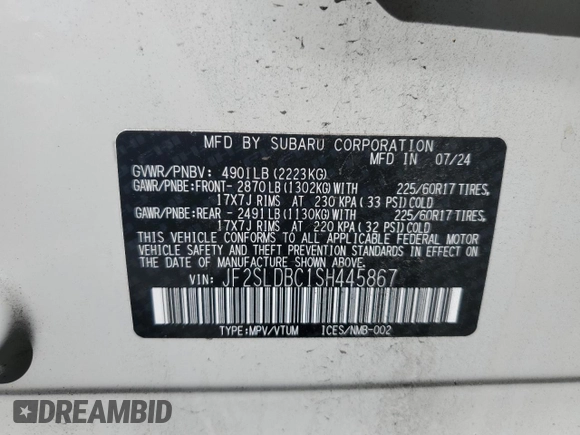 2025 Subaru Forester Premium with VIN JF2SLDBC1SH445867, listed as a Copart auction lot 57899945 with 9,966 mi miles and Salvage title. Bid and sale history available at DreamBid. Image 13.