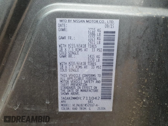 2015 Nissan Pathfinder S z VIN 5N1AR2MM0FC711042, wystawiony jako Copart lot #54342405 z przebiegiem 115 238 mil mil oraz Szkoda całkowita • Salvage title. Historia ofert i sprzedaży dostępna na DreamBid. Obrazek 13.