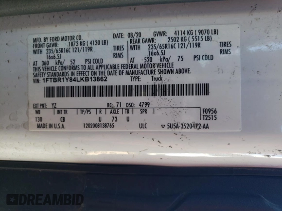 2020 Ford Transit Cargo z VIN 1FTBR1Y84LKB13862, wystawiony jako Copart lot #76937393 z przebiegiem 95 412 mil mil oraz Czysty tytuł • Clean title. Historia ofert i sprzedaży dostępna na DreamBid. Obrazek 14.
