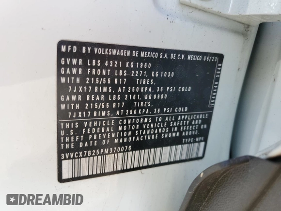 2023 Volkswagen Taos S с VIN 3VVCX7B25PM370076, выставлен на аукционе Copart как лот 47201035 с пробегом 12 000 миль миль и Списание • Salvage title. История ставок и продаж доступна на DreamBid. Изображение 13.