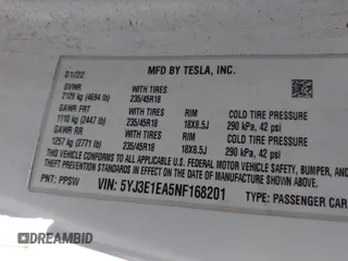 2022 Tesla Model 3 with VIN 5YJ3E1EA5NF168201, listed as a IAAI auction lot 41855273 with 31,393 mi miles and . Bid and sale history available at DreamBid. Image 9.