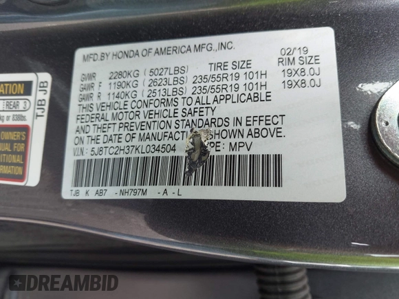 2019 Acura RDX with VIN 5J8TC2H37KL034504, listed as a IAAI auction lot 42451078 with Not provided miles and . Bid and sale history available at DreamBid. Image 9.
