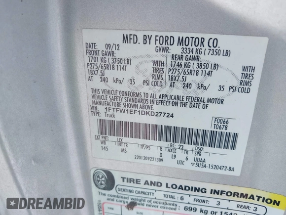 2013 Ford F-150 XL with VIN 1FTFW1EF1DKD27724, listed as a IAAI auction lot 42077088 with 188,885 mi miles. Bid and sale history available at carsss.com. Image 9.