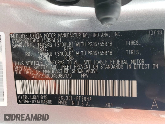 2019 Toyota Sienna XLE Auto Access Seat z VIN 5TDYZ3DC0KS980179, wystawiony jako Copart lot #61533395 z przebiegiem 32 996 mil mil oraz Szkoda całkowita • Salvage title. Historia ofert i sprzedaży dostępna na DreamBid. Obrazek 14.