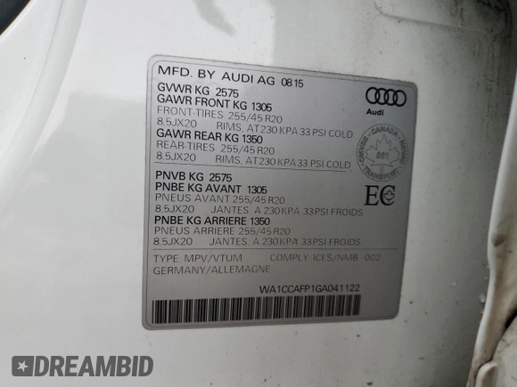 2016 Audi SQ5 Premium Plus with VIN WA1CCAFP1GA041122, listed as a Copart auction lot 82203424 with 153,404 mi miles and Salvage Title. Bid and sale history available at carsss.com. Image 12.