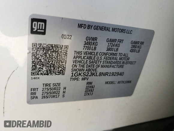 2022 GMC Yukon XL Denali with VIN 1GKS2JKL8NR192940, listed as a Copart auction lot 50654785 with 70,962 mi miles and Salvage Title. Bid and sale history available at carsss.com. Image 13.