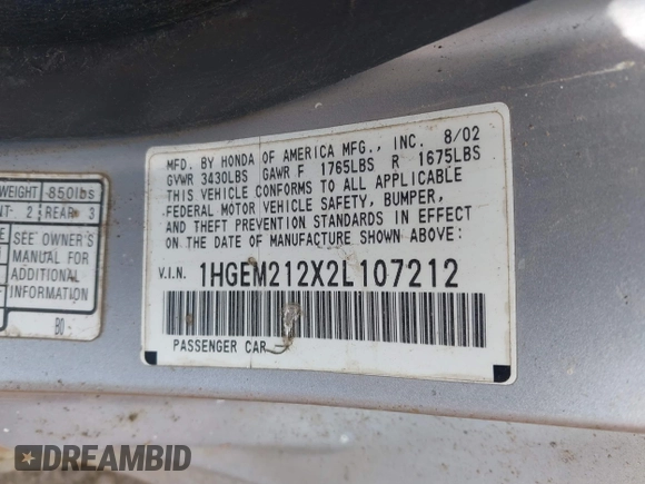 2002 Honda Civic with VIN 1HGEM212X2L107212, listed as a IAAI auction lot 42490326 with 178,252 mi miles and . Bid and sale history available at DreamBid. Image 9.