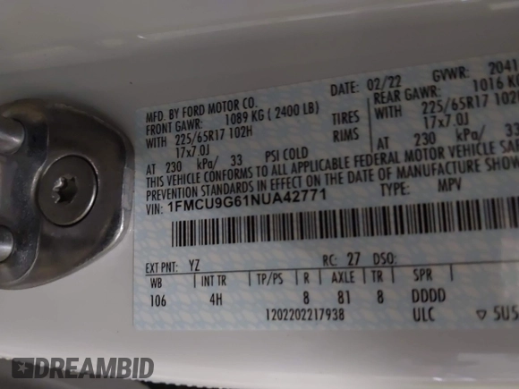 2022 Ford Escape SE z VIN 1FMCU9G61NUA42771, wystawiony jako IAAI lot #41746954 z przebiegiem 49 911 mil mil oraz . Historia ofert i sprzedaży dostępna na DreamBid. Obrazek 9.
