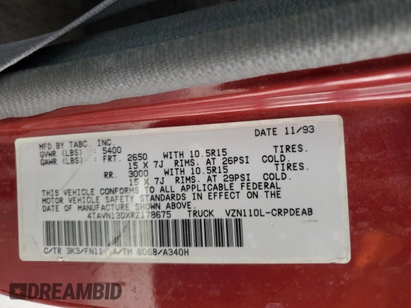 1994 Toyota Pickup DX with VIN 4TAVN13DXRZ178675, listed as a Copart auction lot 45503715 with 117,951 mi miles and Salvage title. Bid and sale history available at DreamBid. Image 12.