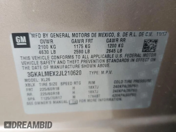 2018 GMC Terrain SLE with VIN 3GKALMEX2JL210620, listed as a Copart auction lot 47294975 with 71,434 mi miles and Salvage Title. Bid and sale history available at carsss.com. Image 15.
