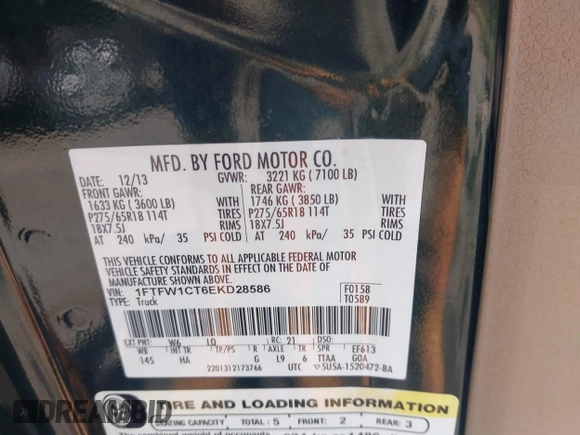 2014 Ford F-150 XL with VIN 1FTFW1CT6EKD28586, listed as a IAAI auction lot 42272263 with 169,033 mi miles and . Bid and sale history available at DreamBid. Image 9.
