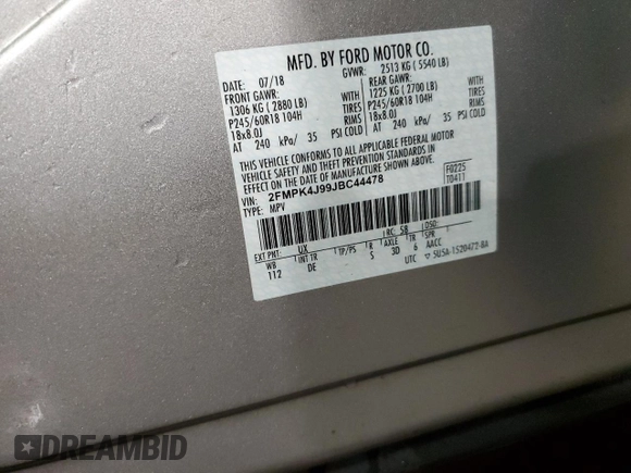 2018 Ford Edge SEL with VIN 2FMPK4J99JBC44478, listed as a Copart auction lot 45129515 with 64,607 mi miles and Salvage Title. Bid and sale history available at DreamBid. Image 13.