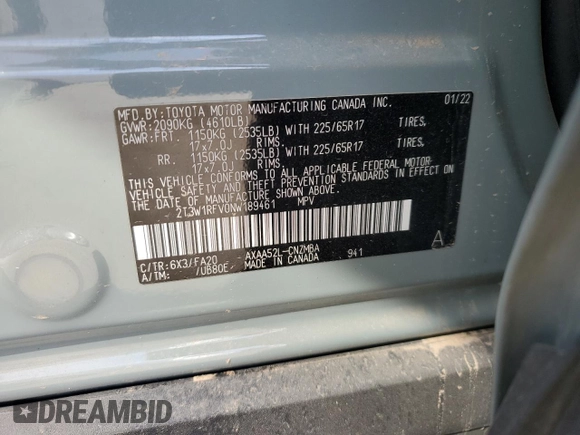 2022 Toyota RAV4 XLE with VIN 2T3W1RFV0NW189461, listed as a Copart auction lot 57841765 with 18,067 mi miles and Salvage title. Bid and sale history available at DreamBid. Image 13.