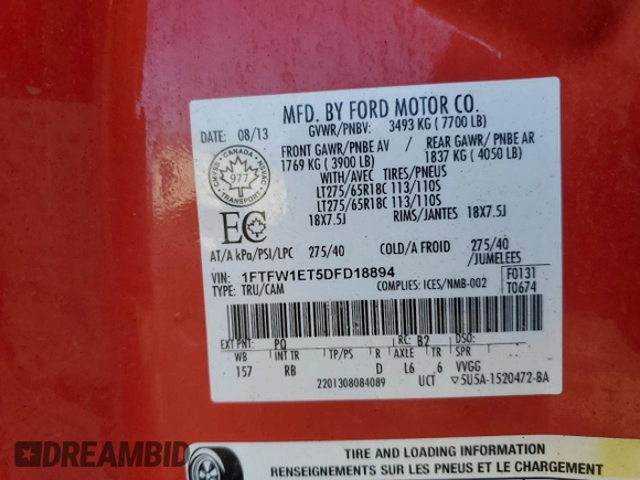 2013 Ford F-150 XL with VIN 1FTFW1ET5DFD18894, listed as a Copart auction lot 49705005 with 232,384 mi miles and Salvage Title. Bid and sale history available at carsss.com. Image 12.