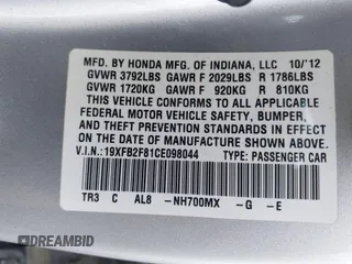 2012 Honda Civic EX with VIN 19XFB2F81CE098044, listed as a IAAI auction lot 42064121 with 147,628 mi miles and . Bid and sale history available at DreamBid. Image 9.